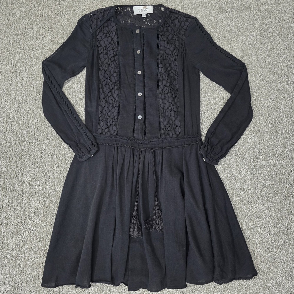 Derek Lam 10 Crosby Sheer Black Cotton Lace Boho Peasant Mini Dress Size 0